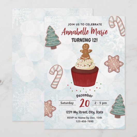 Kerst Cupcake Verjaardag Uitnodiging (Voorkant / Achterkant)