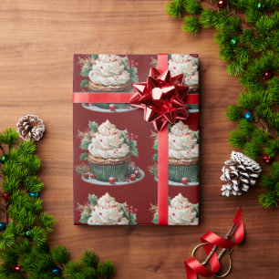 Kerst Cupcake Wit Frosting Holly Red Berries Cadeaupapier