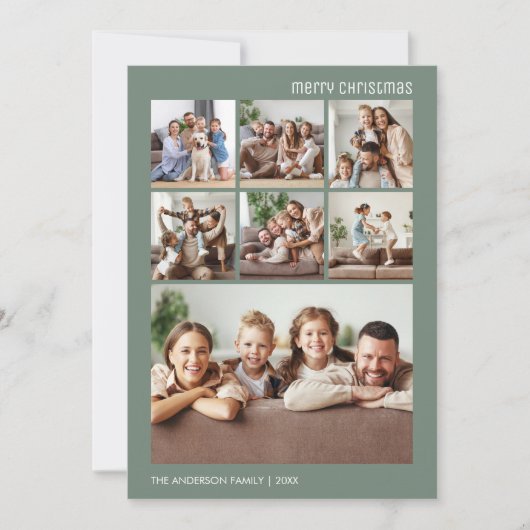 Kerst Custom 7 Familie Foto Collage Sage Green Feestdagenkaart (Voorkant)