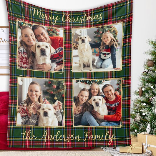 Kerst Custom Family 4 Afbeelding Holiday Plaid Fleece Deken