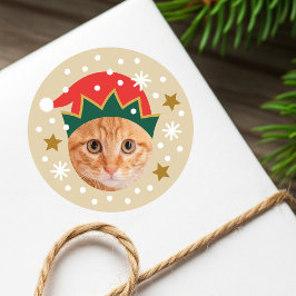 Kerst Custom Foto Feestelijke Elf Pet Funny Beige Ronde Sticker