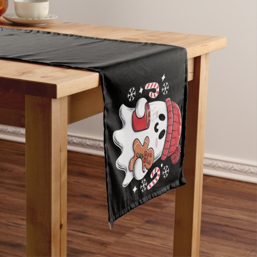 Kerst Cute Ghost Iced Coffee Retro Kerstmis Coffee Korte Tafelloper (Voorbeeld)