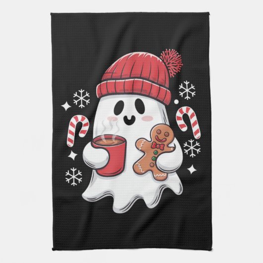 Kerst Cute Ghost Iced Coffee Retro Kerstmis Coffee Theedoek (Verticaal)