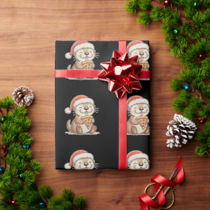 Kerst Cute Otter Eet Pizza Xmas Kerstman Hoed Cadeaupapier