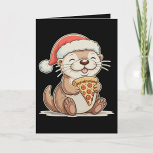 Kerst Cute Otter Eet Pizza Xmas Kerstman Hoed Feestdagen Kaart
