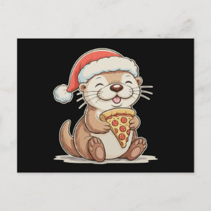 Kerst Cute Otter Eet Pizza Xmas Kerstman Hoed Feestdagenkaart
