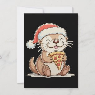 Kerst Cute Otter Eet Pizza Xmas Kerstman Hoed Feestdagenkaart