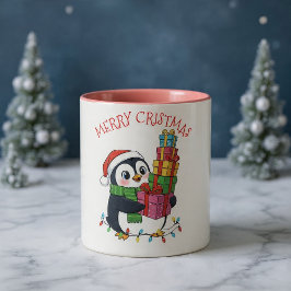 Kerst Cute Pinguïn met Cadeaus Tweekleurige Koffiemok