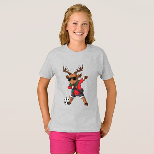 Kerst Dabbing Herten Voetbal & Kindernaam T-shirt (Voorkant volledig)