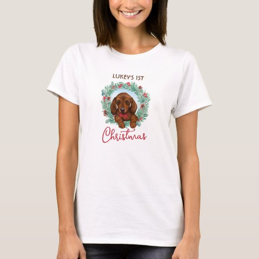 Kerst Dachshund Puppy Wiener Worst Hond T-shirt (Voorkant)