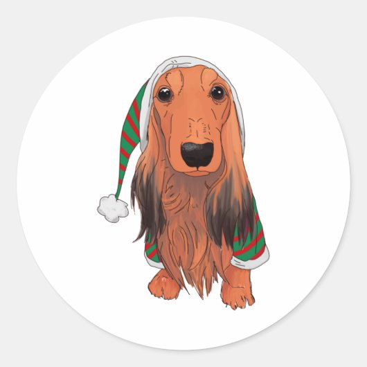 Kerst Dachshund - Rood langharig Ronde Sticker (Voorkant)