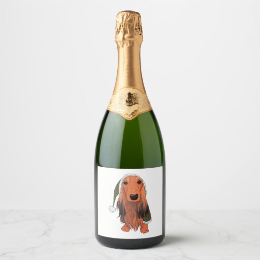 Kerst Dachshund - Rood langharig Sparkling Wijnetiket (Voorkant)