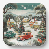 Kerst Dag Huizen Auto's Pijnbomen Bergen MCM Papieren Bordje (Voorkant)