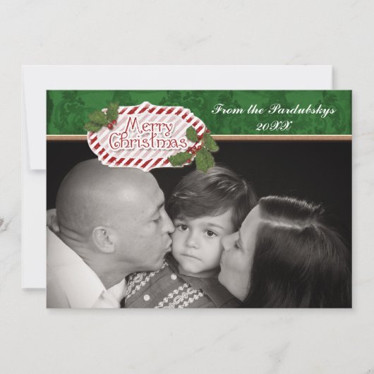 Kerst Damask Candy Cane Gestreepte Holly Kaart (Voorkant)