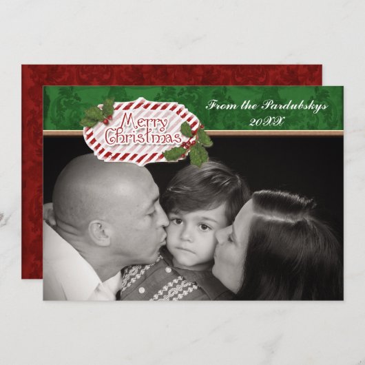 Kerst Damask Candy Cane Gestreepte Holly Kaart (Voorkant / Achterkant)