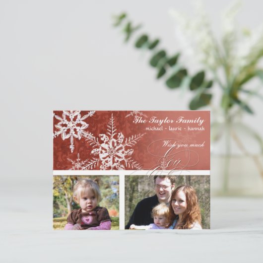 Kerst Damask Snowflake - Rood en Wit Feestdagenkaart (Staand voorkant)