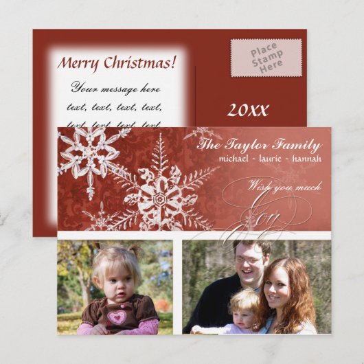 Kerst Damask Snowflake - Rood en Wit Feestdagenkaart (Voorkant / Achterkant)