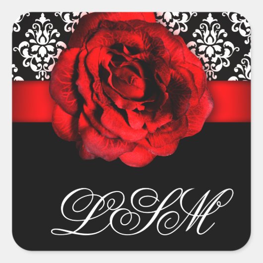 Kerst Damast Bruiloft Red Rose Monogram Vierkante Sticker (Voorkant)