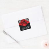 Kerst Damast Bruiloft Red Rose Monogram Vierkante Sticker (Envelop)