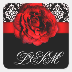 Kerst Damast Bruiloft Red Rose Monogram Vierkante Sticker
