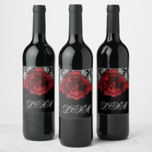 Kerst Damast Bruiloft Wijn Label Red Rose Etiket