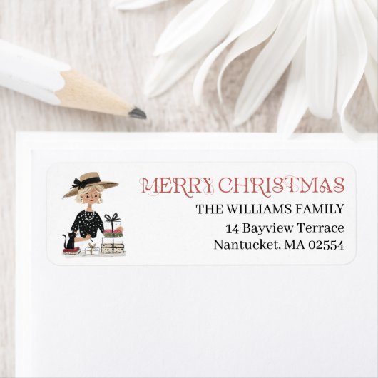 Kerst Dame & Kat Gepersonaliseerd Retouradres Etiket (Insitu)