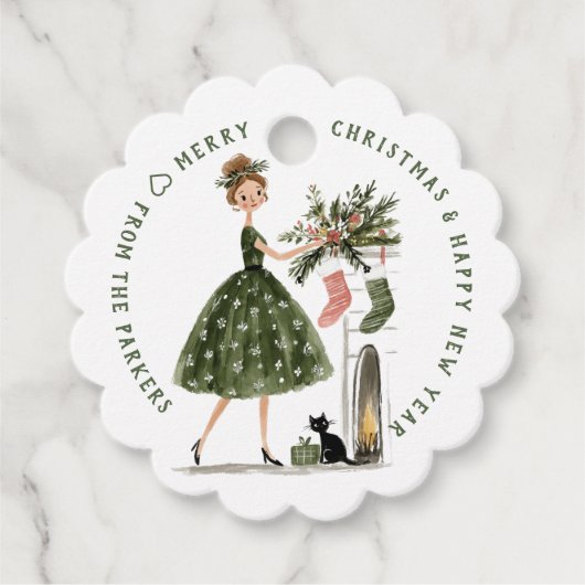 Kerst Dame met Kat Gepersonaliseerde Plaid Kerst Bedankjes Labels (Voorkant)