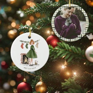 Kerst Dame met Kat Persoonlijke Foto Keramisch Ornament