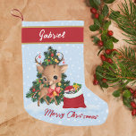 Kerst Decor Schattige Rendier Classic Kleine Kerstsok<br><div class="desc">Whimsical Reindeer Christmas Stocking with Name Vier het seizoen met deze betoverende kerstkous, met een schattig rendier omringd door cadeaus onder een kerstboom in een besneeuwd wonderland. Het grillige ontwerp van de kous is perfect voor kinderen en voegt een speelse charme toe aan elk vakantiedecor. Personaliseer het met de naam...</div>
