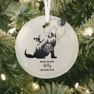 Kerst Decor Verpleegster Skiën Sneeuw Adventure Gi Glas Ornament