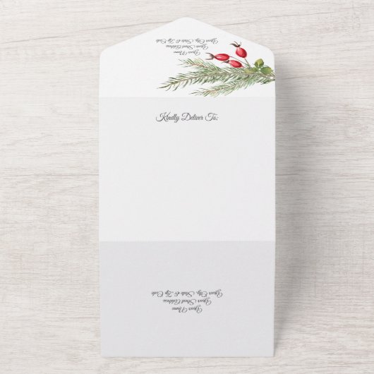 Kerst dennen en bessen met QR-code All In One Uitnodiging (Buitenkant)