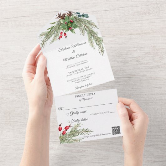 Kerst dennen en bessen met QR-code All In One Uitnodiging (Afscheurbaar)