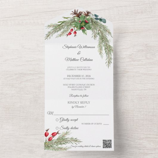 Kerst dennen en bessen met QR-code All In One Uitnodiging (Binnen)