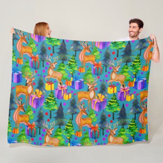 Kerst dennen en herten patroon fleece deken (In situ)