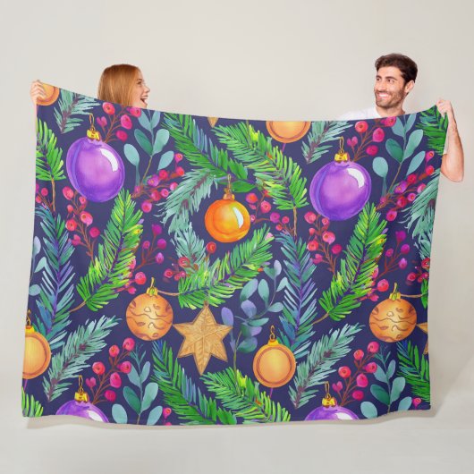 Kerst dennen en ornamenten paarse patroon fleece deken (In situ)