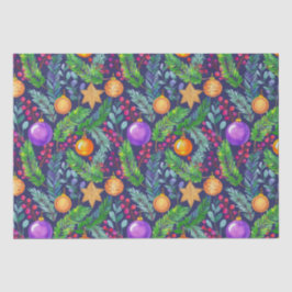 Kerst dennen en ornamenten paarse patroon tissuepapier