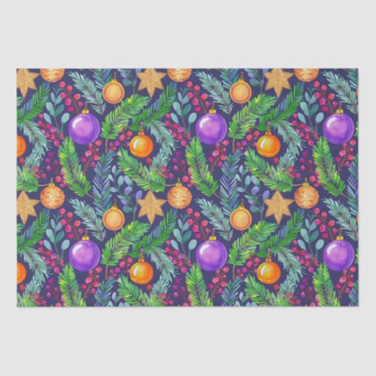Kerst dennen en ornamenten paarse patroon tissuepapier (Voorkant)