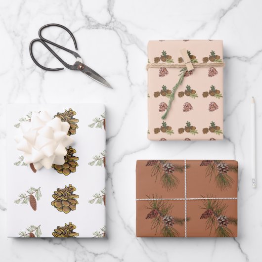 Kerst dennen kegels & takken rood roze patronen inpakpapier vel (Voorkant)