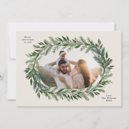 Kerst dennen lijst krans elegante foto feestdagenkaart (Voorkant)