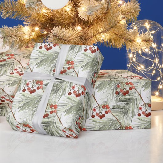 Kerst dennen takken en rode bessen cadeaupapier (Feestdagen)