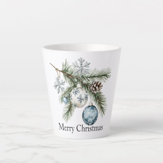 Kerst dennenboom sneeuwvlok blauwe witte ornamente latte mok (Voorkant)