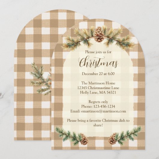 Kerst Dennenkegels Takken Bruine Gingham Boog Kaart (Voorkant / Achterkant)