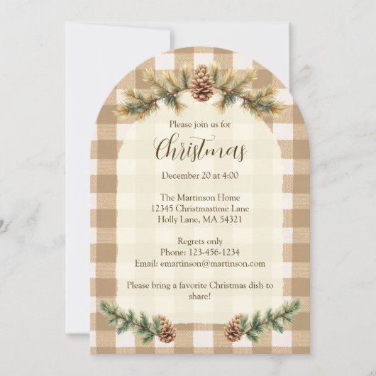 Kerst Dennenkegels Takken Bruine Gingham Boog Kaart (Voorkant)