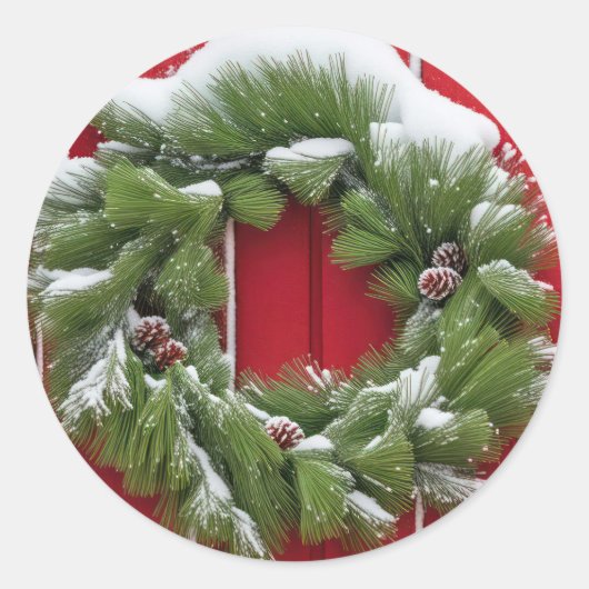 Kerst dennenkrans op rode schuur ronde sticker (Voorkant)