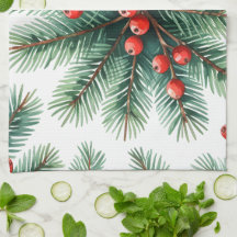 Kerst Dennentak & Rode Bessen Keukenhanddoek