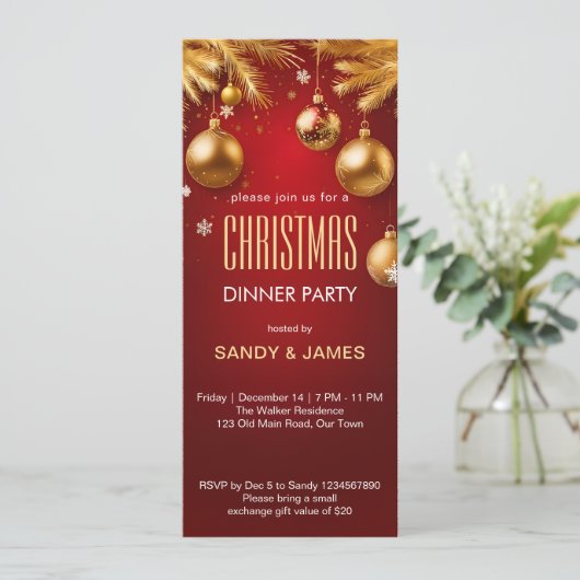 Kerst diner feest goud en rode ballen kaart (Staand voorkant)