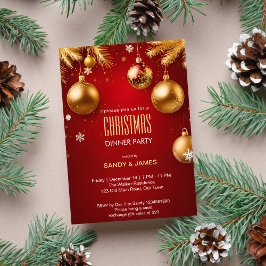 Kerst diner feest goud en rode ballen kaart