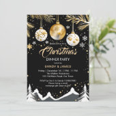 Kerst diner feest goud en zwarte balletjes kaart (Staand voorkant)