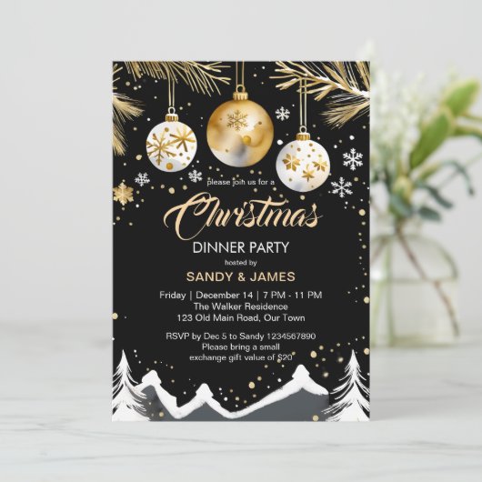 Kerst diner feest goud en zwarte balletjes kaart (Staand voorkant)