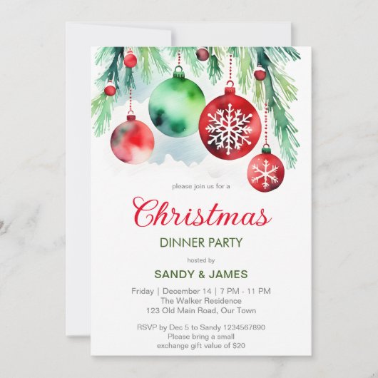 Kerst diner feest rode groene baubles kaart (Voorkant)